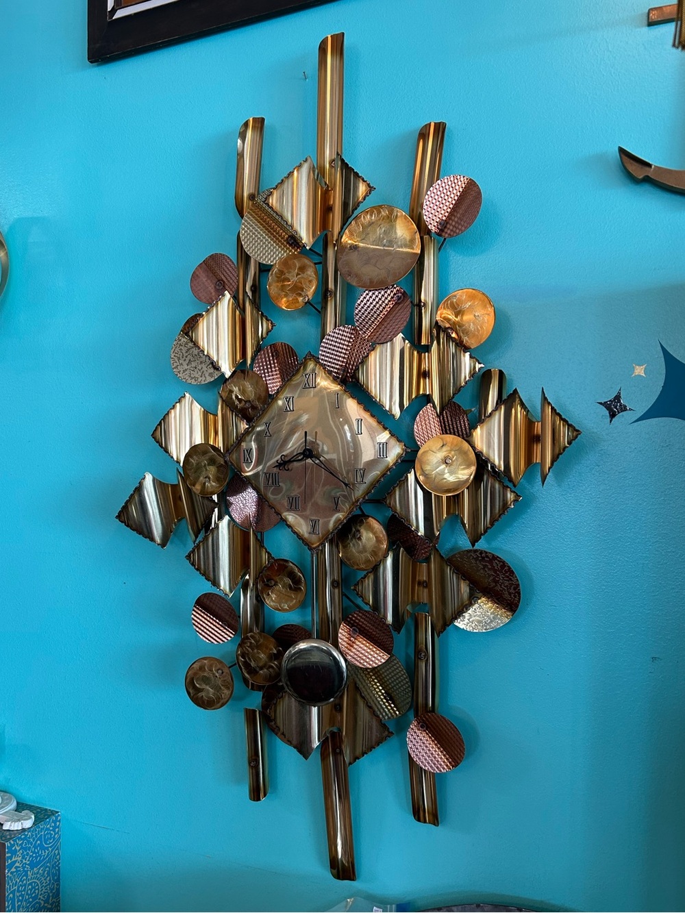Large vintage brutalist torch art clock wall art gold brass